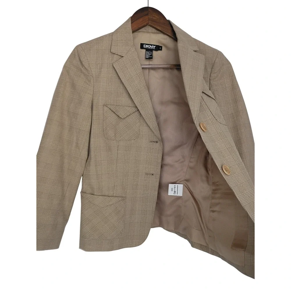 DKNY‎ Glen Plaid Tailored Blazer Tan Cotton NWOT Size 2 Classic Minimalist